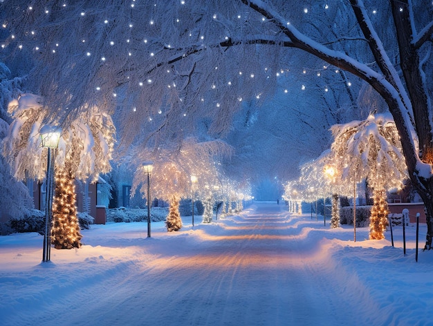 Winter park sidewalks decorated for christmas generated ai