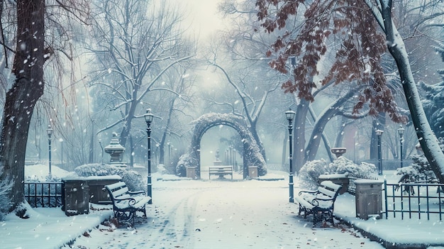 雪の中のウィンターパーク 冬の公園