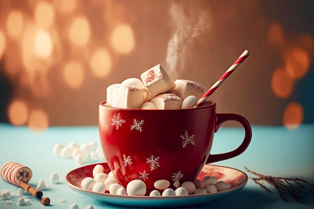 Winter patterns on hot chocolate red cup with marshmallows on blurred background