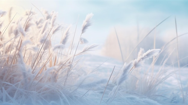 冬の背景写真 草と空の雪の冷たい風景