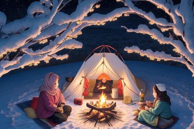写真 冬のピクニック キャンプファイヤーのそばでイスラム教徒の少女の穏やかな風景