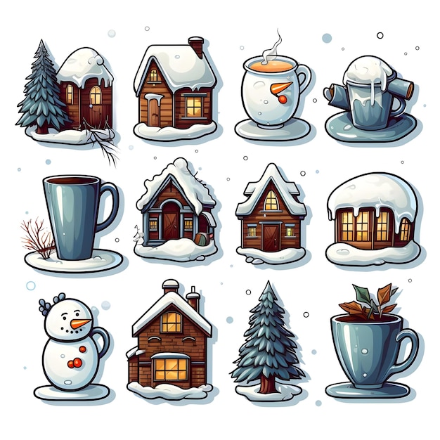 Winter pictogrammen instellen stickers op een witte achtergrond Hoge resolutie