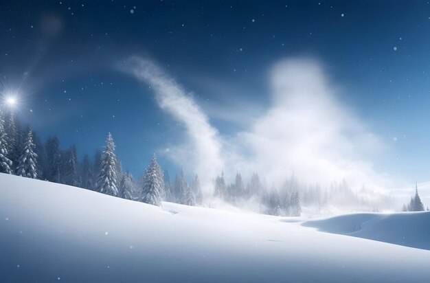 Foto foresta di pini d'inverno con neve e cielo e stelle di notte