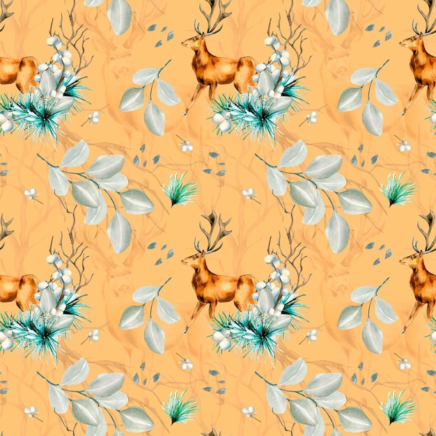 Winter plants and deer watercolor seamless pattern isolated on beige