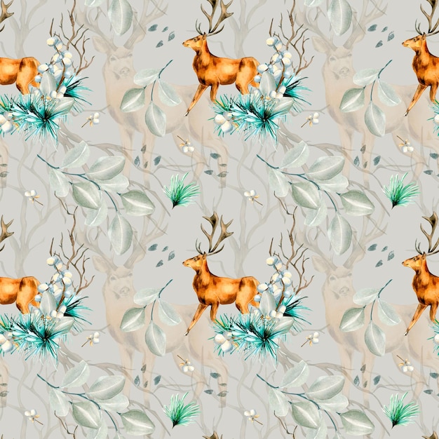 Winter plants and deer watercolor seamless pattern isolated on grey