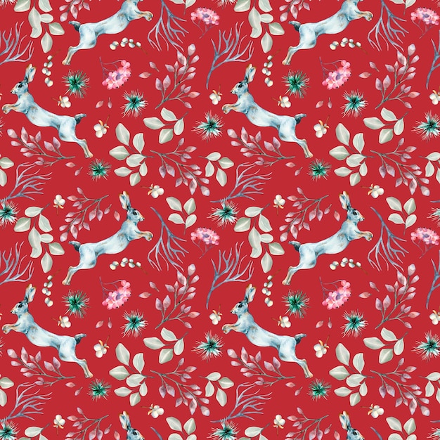 Winter plants and hare watercolor seamless pattern isolated on red