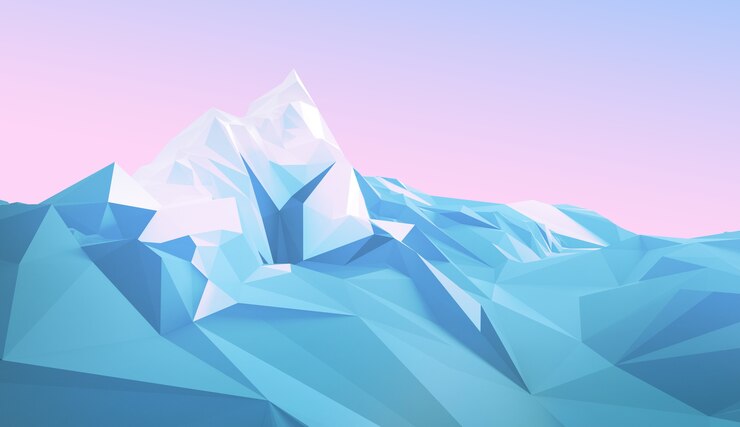 山の頂上に氷河がある山岳地帯の冬のポリゴン画像。 3Dイラスト
