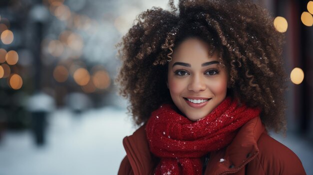 Photo winter portrait of an african american woman with a radiant smile in the snow