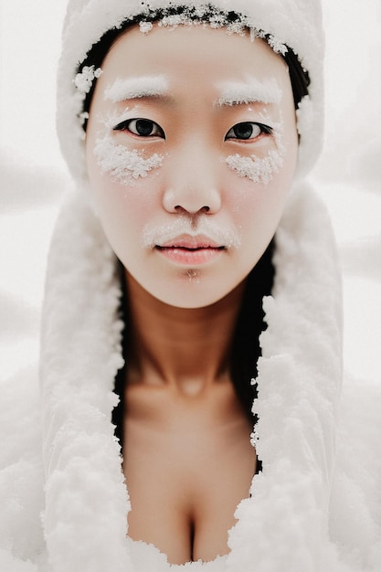 Winter portrait of an Asian woman dressed showered in snow Blizzard fashion shot