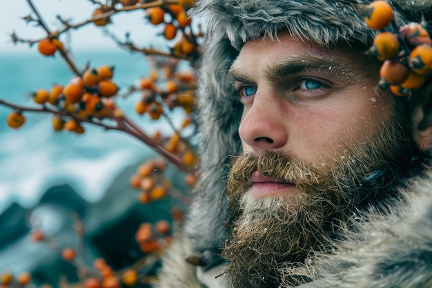 Winter Portrait of a Bearded Man with Fur Hat Amidst Orange Berries and Snowy Background