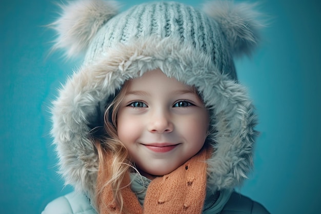 Photo winter portrait of beautiful smile little girl little kid girl in white jacket and cozy hat