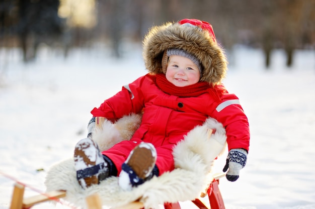 Winter portrait of beautiful toddler boy