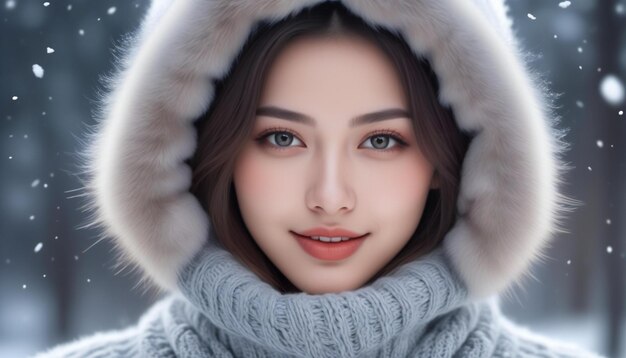 Winter portrait of a beautiful young brunette woman in a warm knitted sweater and a white fur hood