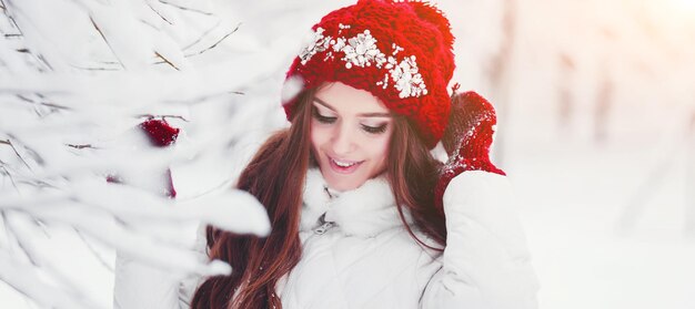 Winter portrait of young beautiful brunette woman