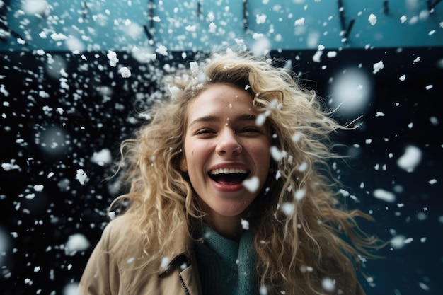 冬の都市公園を歩く美しい幸せな笑顔の少女の冬のポートレート