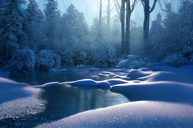 Winter pristine calm stream in mystical forest thicket 3d art\
work background