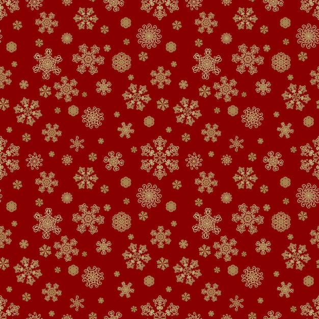 Зимний красный бесшовный узор с золотыми снежинками Роскошный фон с золотыми кристаллами снега