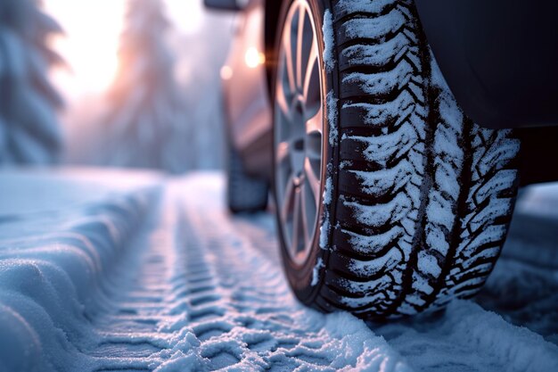 Winter rijden close-up van autobanden op een besneeuwde weg