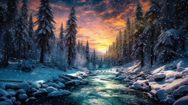 山の中を流れる冬の川 雪景色にかかる日の出