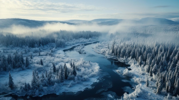 winter river flows in the mountains Sunrise over snowy landscape