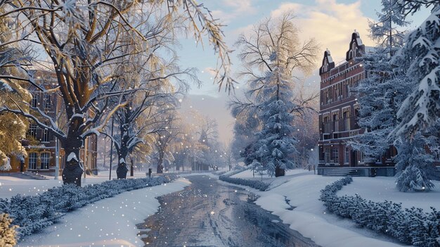 大学キャンパスの雪に覆われた公園の冬の川の景色