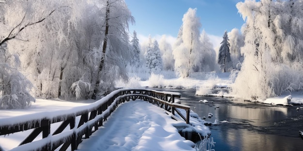 Winter river scene wooden bridge in snow frosty crossing snowy adventure