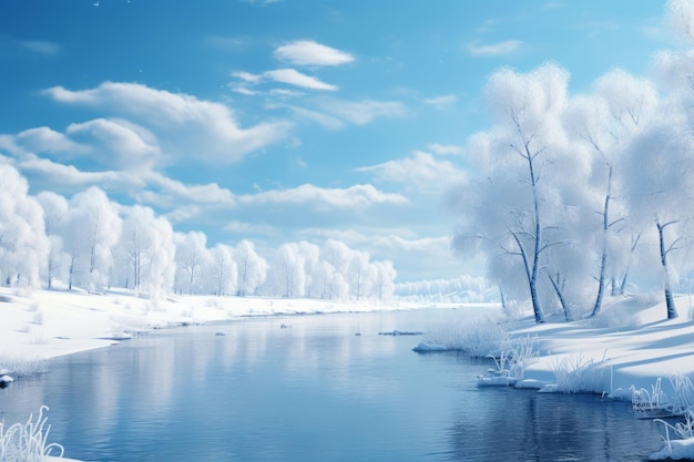 Winter river in snow forest landscape Frozen river water in winter Generative AI illustration