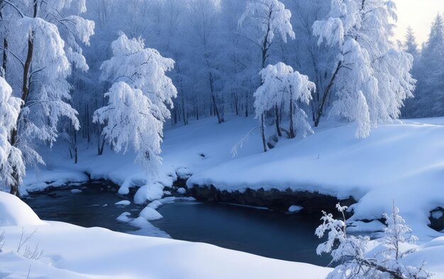 Winter river in snow forest landscape Frozen river water in winter