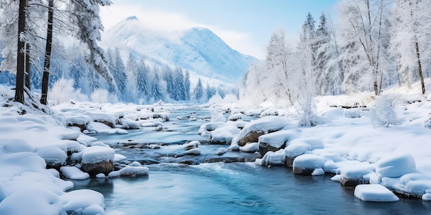 雪の森の風景の中の冬の川