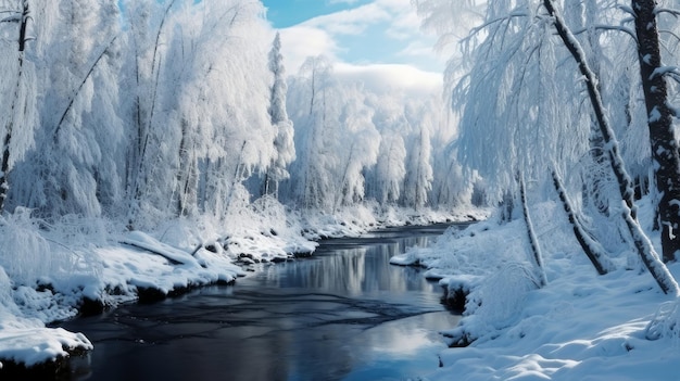 winter river among the snowy forest