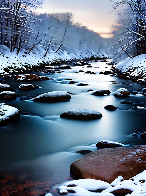 Winter river with warm lighting detailed scenery