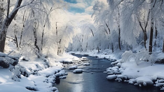 winter rivier tussen het besneeuwde bos