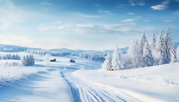 winter road covered with snow on sunny day