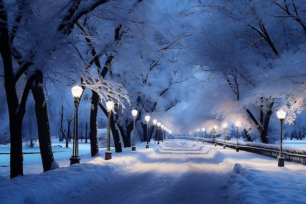 Winter road in night park with lanterns