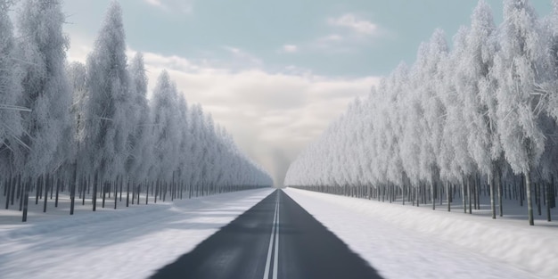 겨울 도로와 눈과 함께 얼음과 함께 나무의 풍경