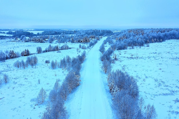 winter road top view, frost forest landscape outdoor