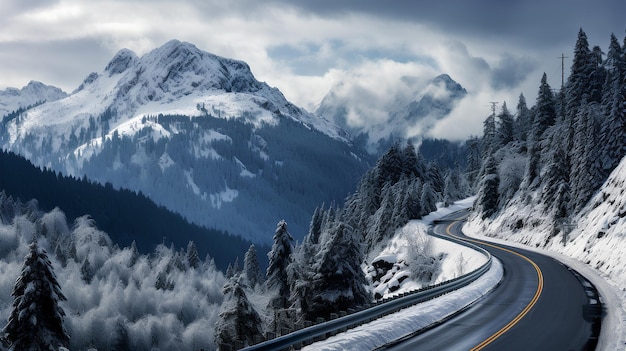 Photo winter road with snow in mountains and trees