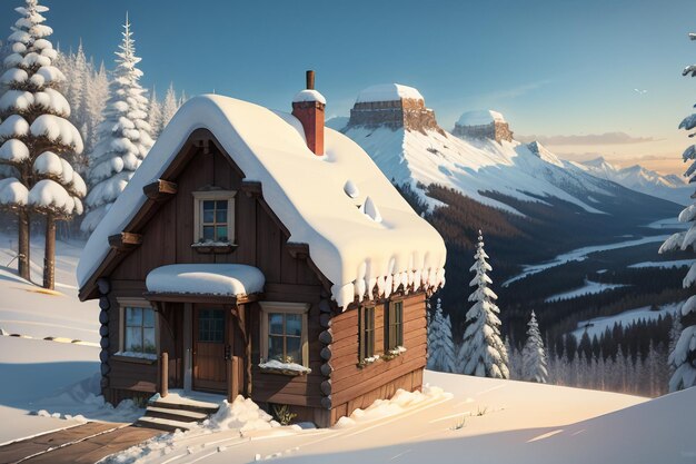 Photo in winter roof of the wooden house at foot of snow capped mountains is covered with thick snow