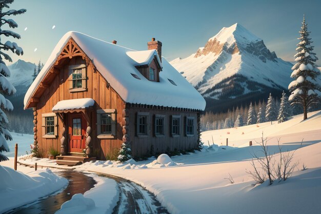 In winter roof of the wooden house at foot of snow capped mountains is covered with thick snow