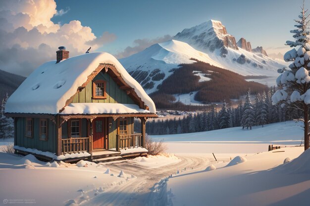 In winter roof of the wooden house at foot of snow capped mountains is covered with thick snow