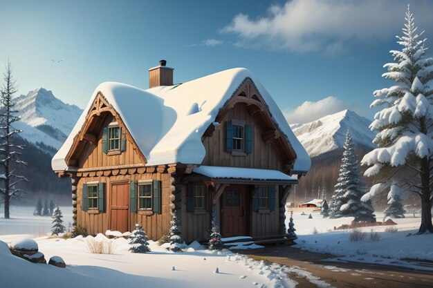 In winter roof of the wooden house at foot of snow capped mountains is covered with thick snow