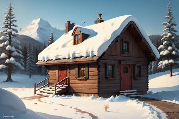 Зимой крыша деревянного дома у подножия заснеженных гор покрыта толстым снегом.