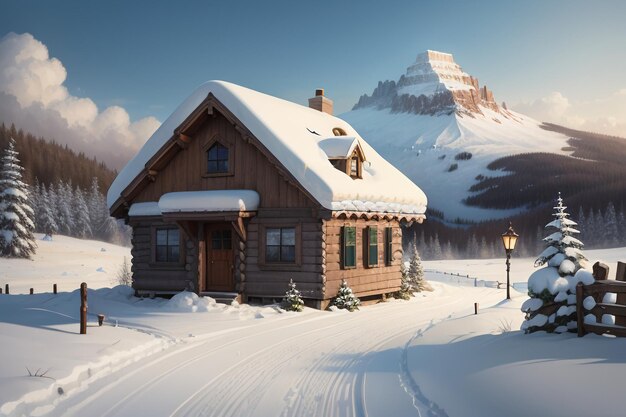 Photo in winter roof of the wooden house at foot of snow capped mountains is covered with thick snow