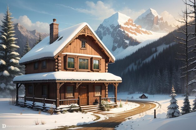 In winter roof of the wooden house at foot of snow capped mountains is covered with thick snow