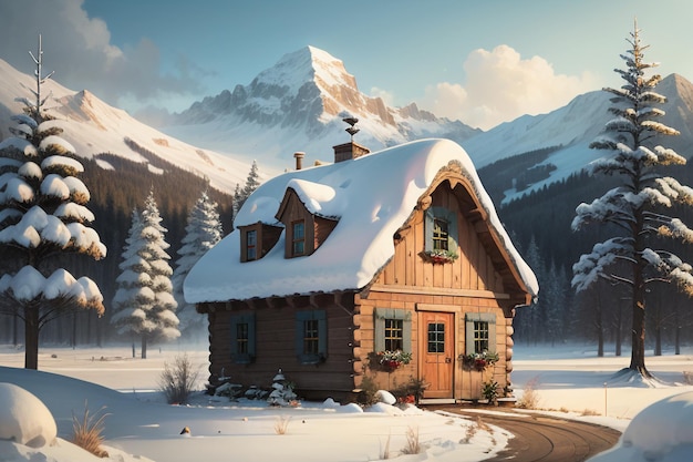 In winter roof of the wooden house at foot of snow capped mountains is covered with thick snow