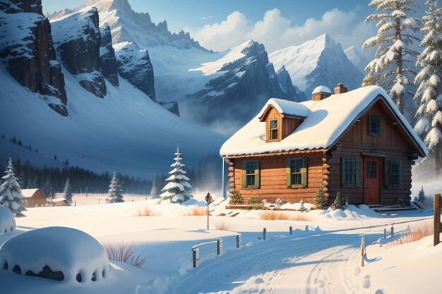 In winter roof of the wooden house at foot of snow capped mountains is covered with thick snow