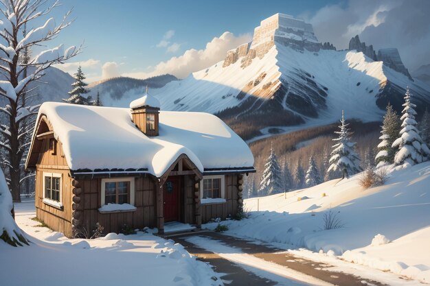 In winter roof of the wooden house at foot of snow capped mountains is covered with thick snow