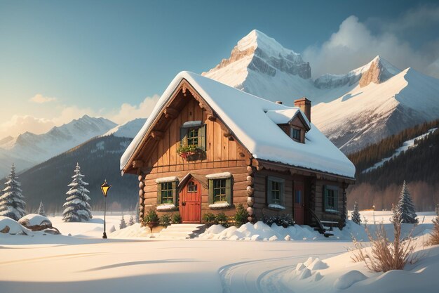 In winter roof of the wooden house at foot of snow capped mountains is covered with thick snow