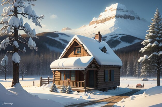 In winter roof of the wooden house at foot of snow capped mountains is covered with thick snow