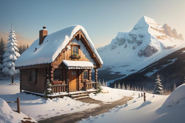 In winter roof of the wooden house at foot of snow capped mountains is covered with thick snow